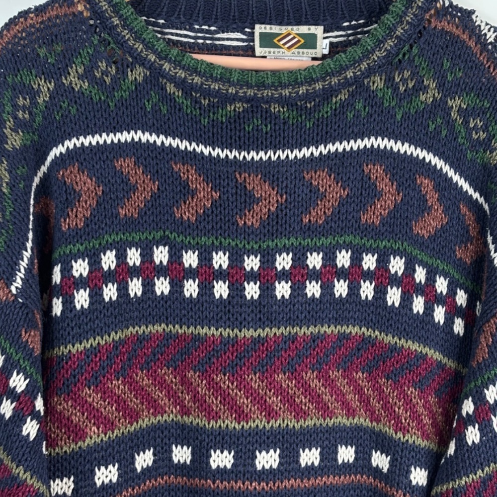 VTG 90s Joseph Abboud Silk Linen Sweater L Hand Knit Made in Scotland Geometric - Picture 2 of 9